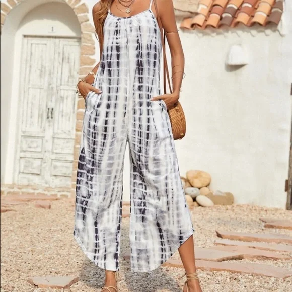 Boho Tie Dye Ombre Wide Leg Pants Pocket Jumpsuit - Picture 13 of 15